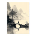 Traditional Asian ink painting of a landscape with a bridge, mountains, and a figure.