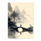 Traditional Asian ink painting of a landscape with a bridge, mountains, and a figure.