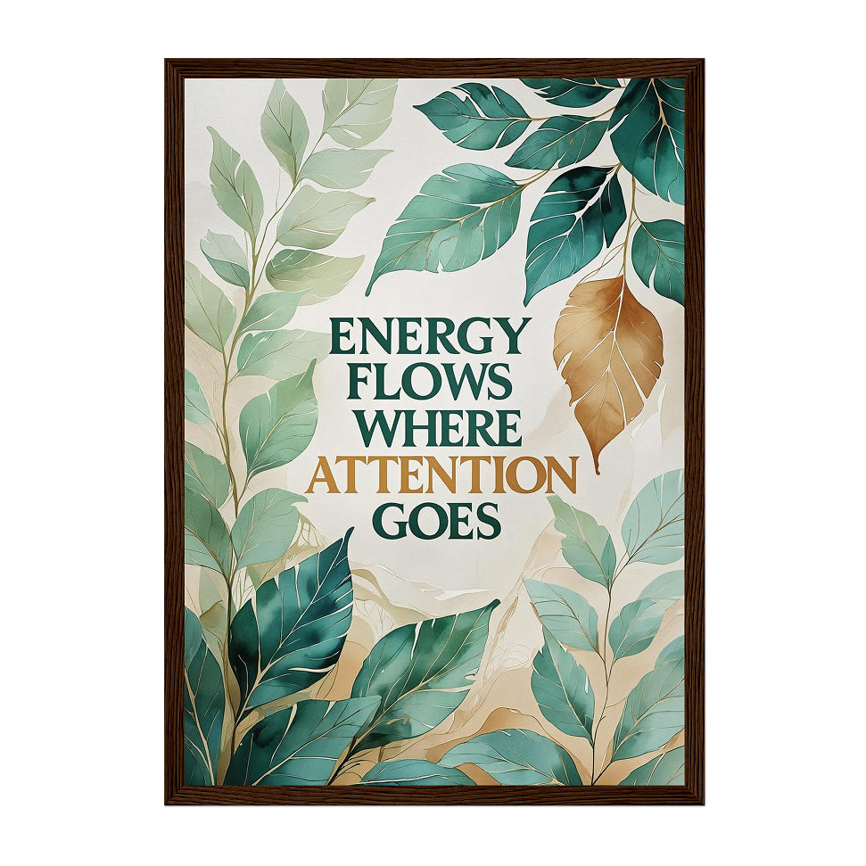 Botanical Quote Art Print: Green and Gold Minimal Watercolor Design with Mindful Energy Message