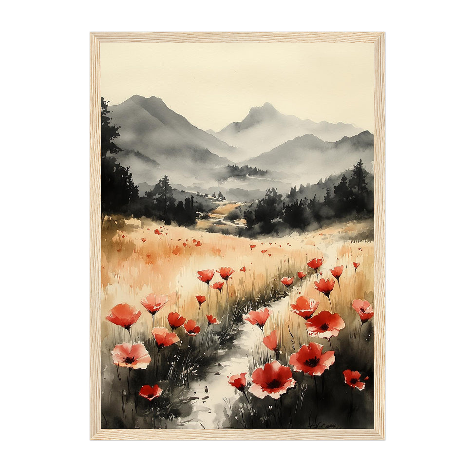 Watercolor Poppy Field Art Print: Red Bloom Misty Mountain Landscape