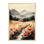 Watercolor Poppy Field Art Print: Red Bloom Misty Mountain Landscape
