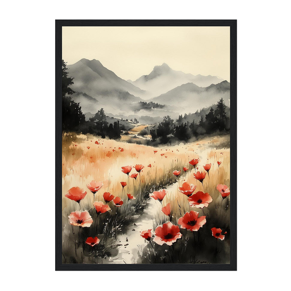 Watercolor Poppy Field Art Print: Red Bloom Misty Mountain Landscape