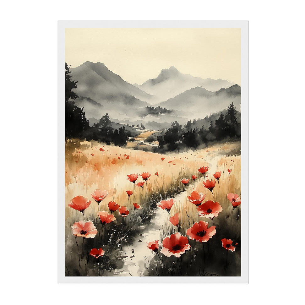 Watercolor Poppy Field Art Print: Red Bloom Misty Mountain Landscape