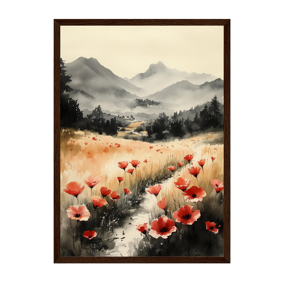 Watercolor Poppy Field Art Print: Red Bloom Misty Mountain Landscape