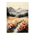 Watercolor Poppy Field Art Print: Red Bloom Misty Mountain Landscape