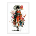 Japanese Watercolor Geisha Art Print: Bold Red Kimono Expressive Ink Scene