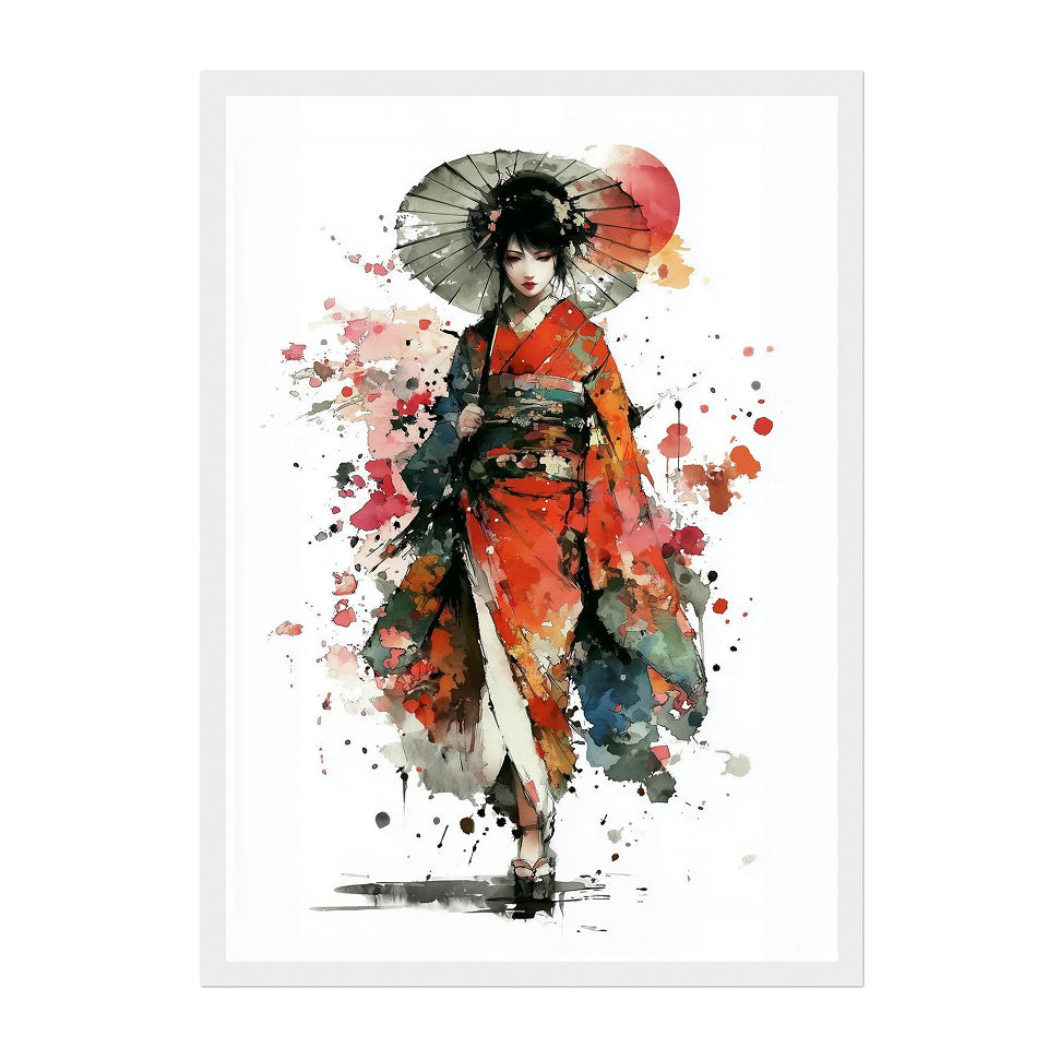 Japanese Watercolor Geisha Art Print: Bold Red Kimono Expressive Ink Scene