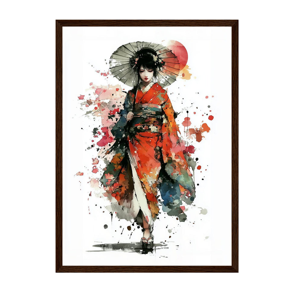 Japanese Watercolor Geisha Art Print: Bold Red Kimono Expressive Ink Scene