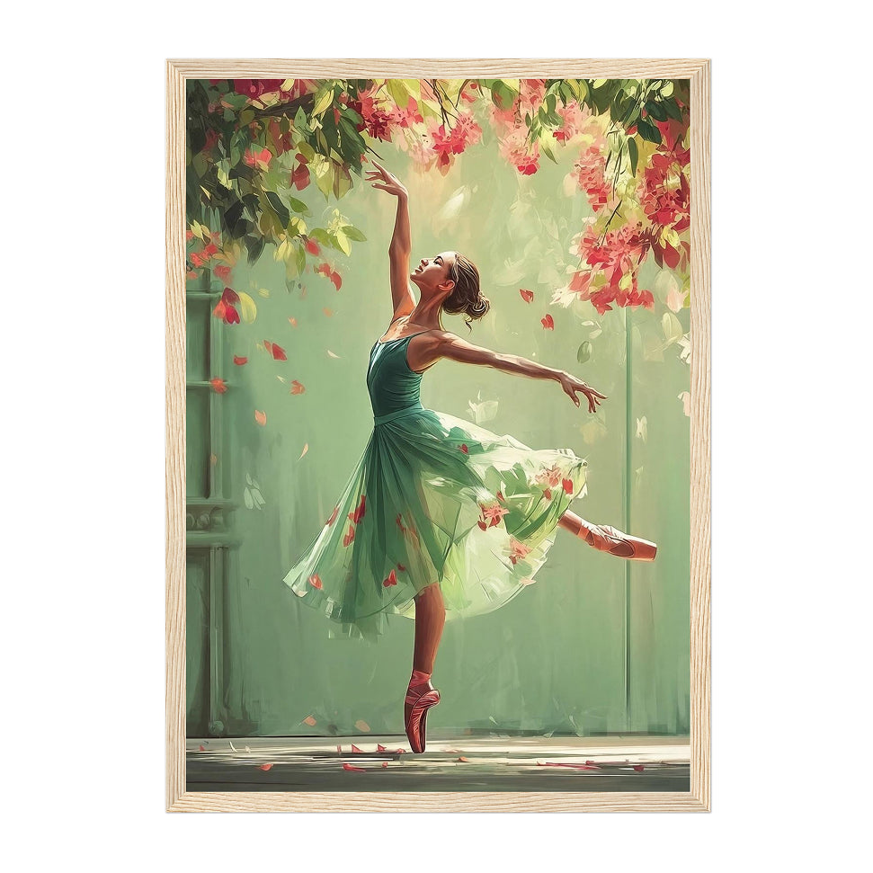 Whimsical Ballerina Art Print: Green Dress, Floral Cascade