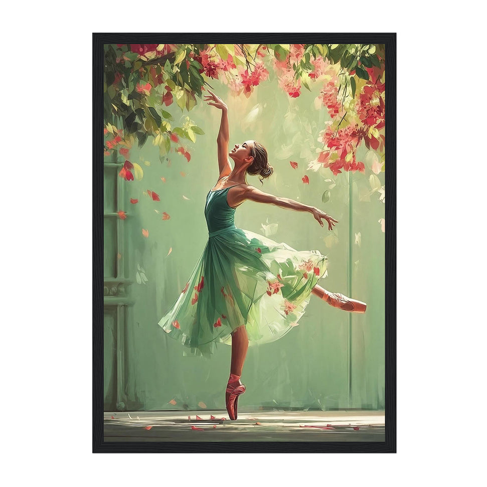 Whimsical Ballerina Art Print: Green Dress, Floral Cascade