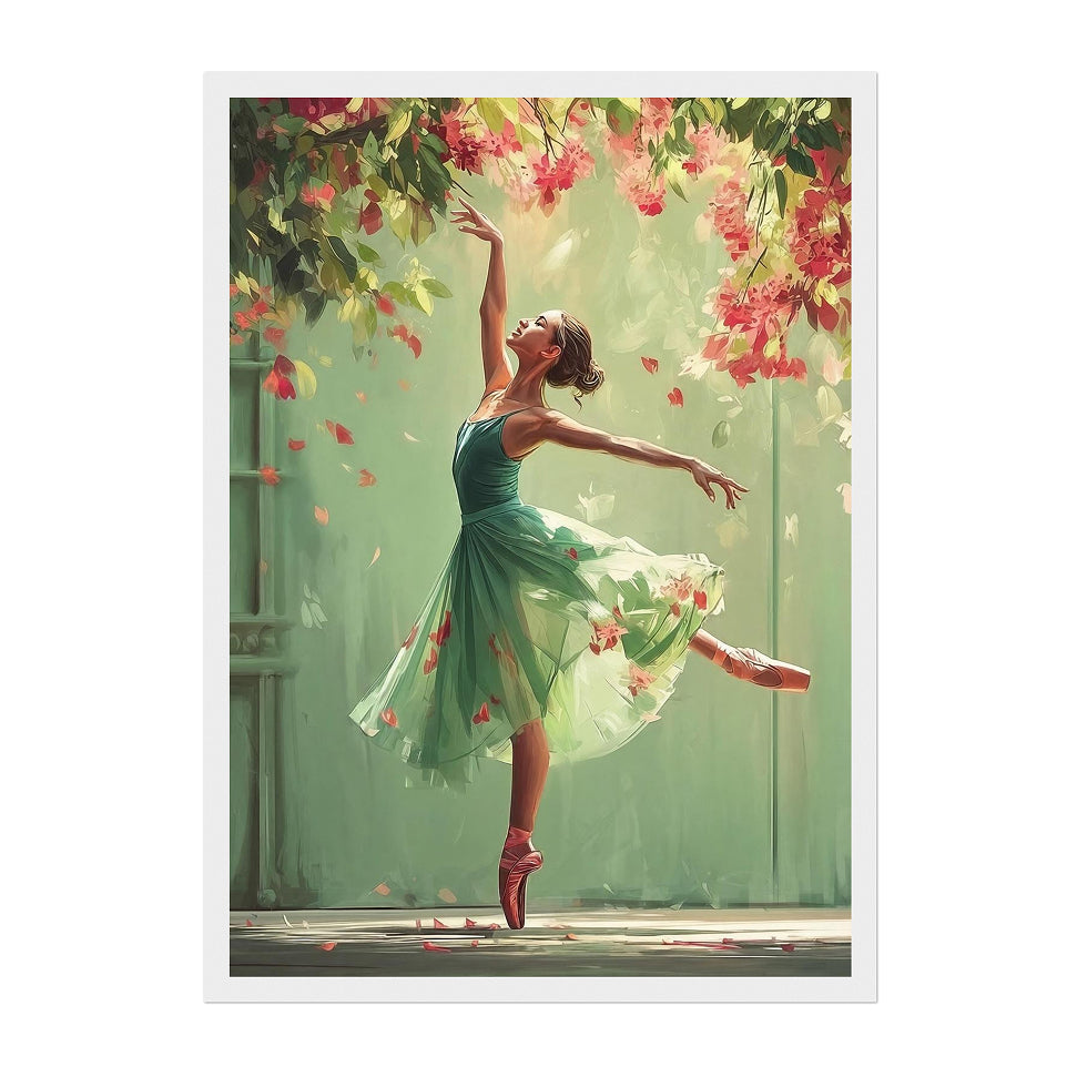 Whimsical Ballerina Art Print: Green Dress, Floral Cascade