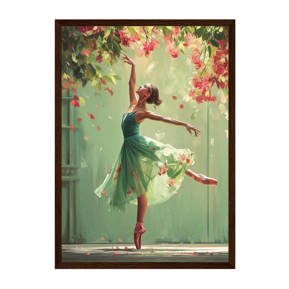 Whimsical Ballerina Art Print: Green Dress, Floral Cascade