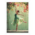 Dancer in a green dress surrounded by flowers and leaves