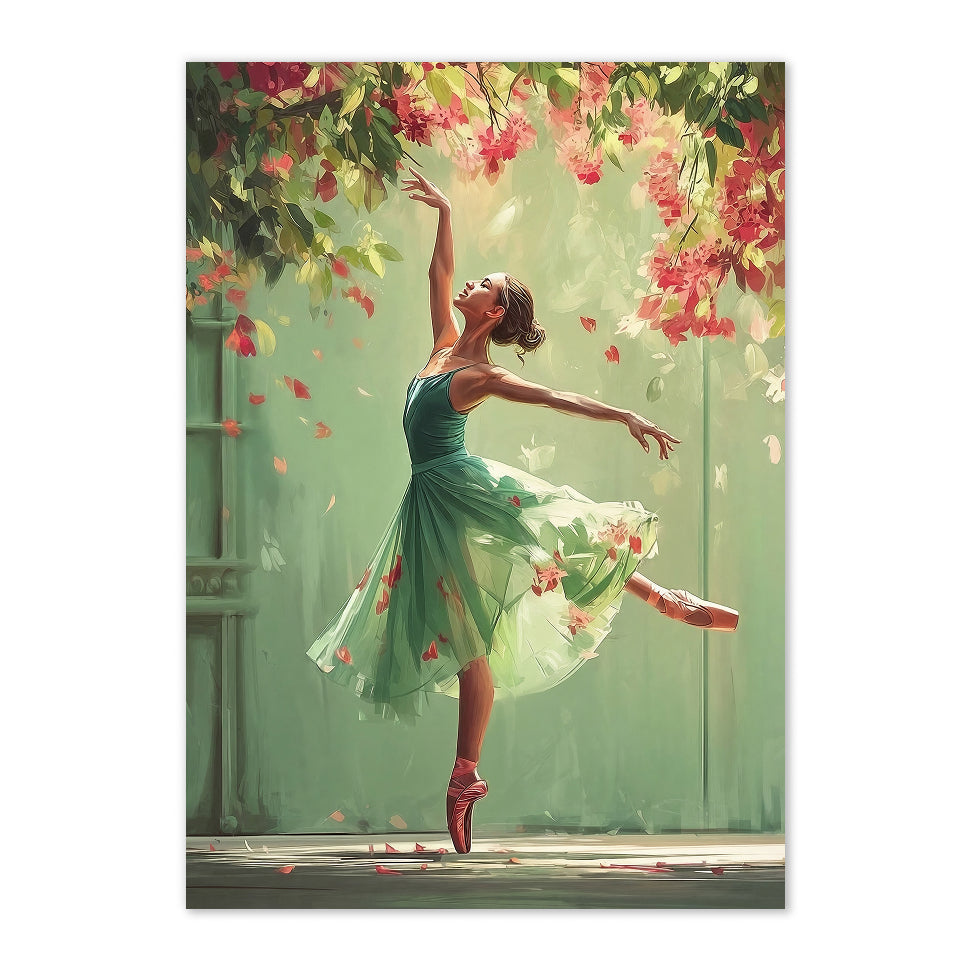 Whimsical Ballerina Art Print: Green Dress, Floral Cascade