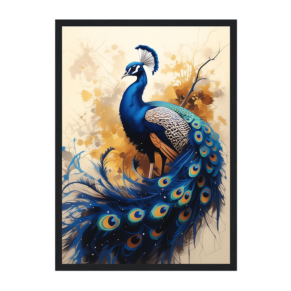 Modern Peacock Art Print: Blue Regal Elegance in Golden Abstract Style