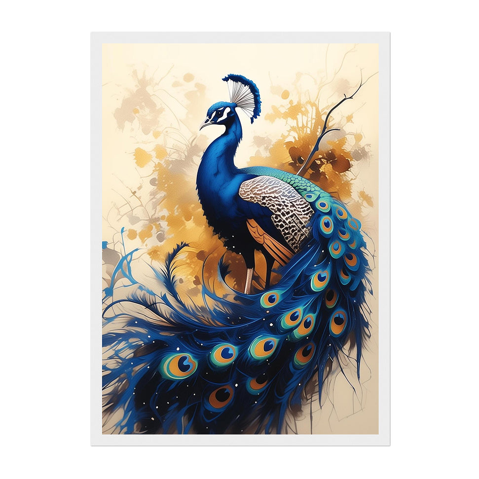 Modern Peacock Art Print: Blue Regal Elegance in Golden Abstract Style