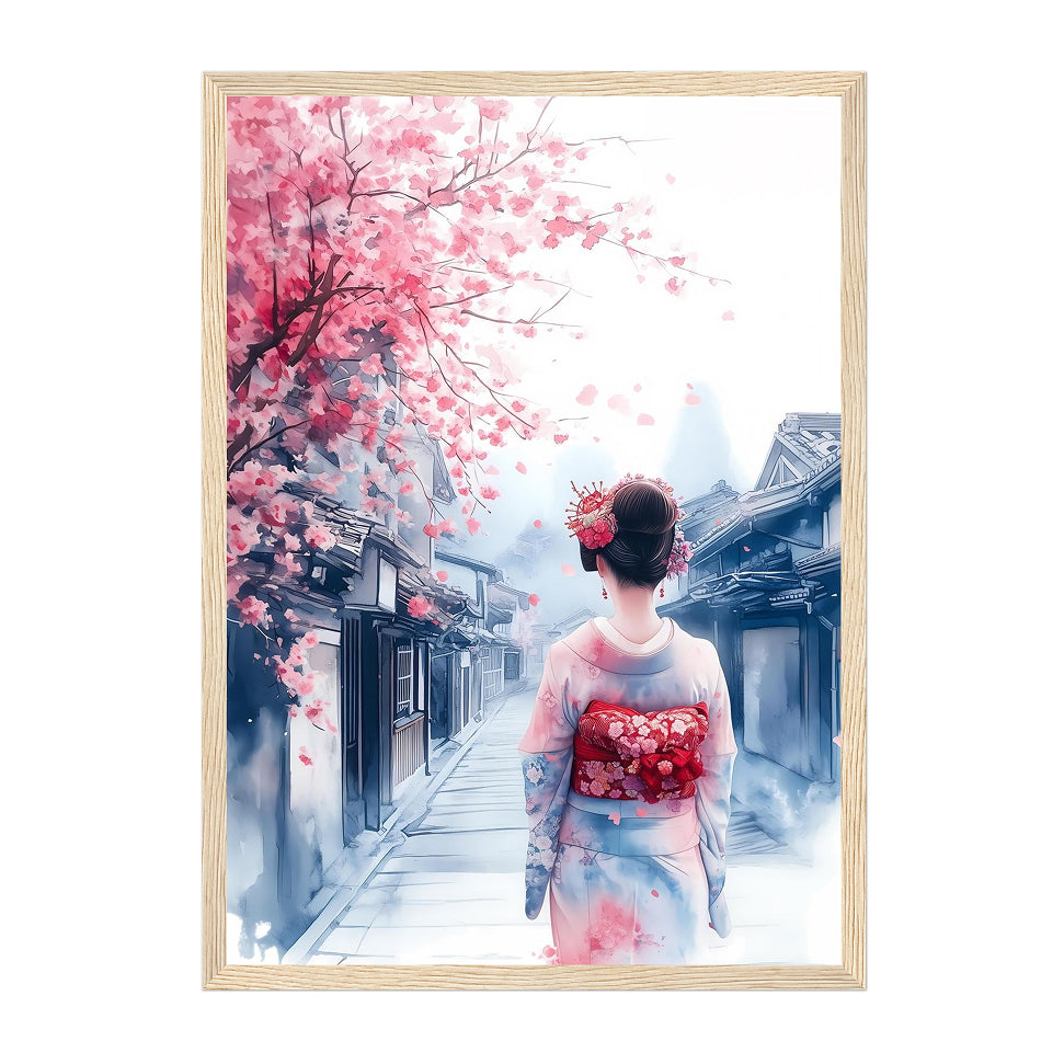Japanese Watercolor Geisha Art Print: Red Kimono Street Scene With Soft Sakura Blossom Atmosphere