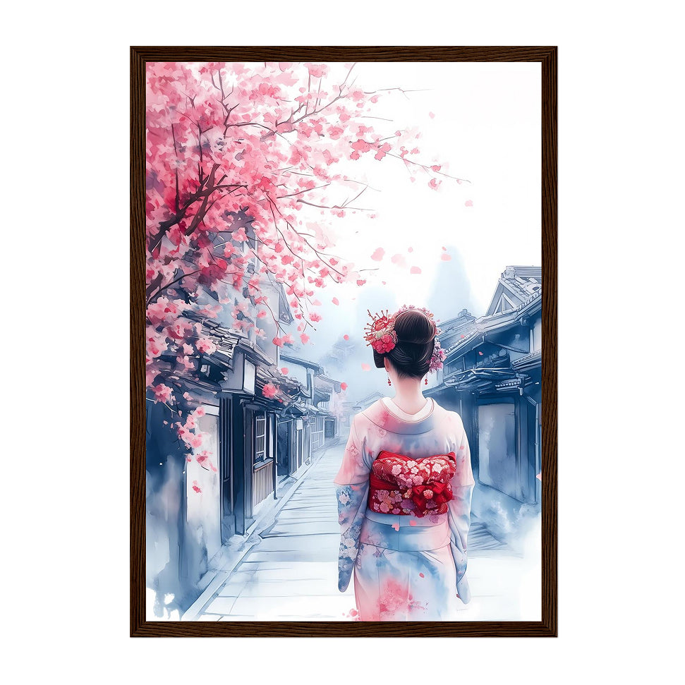 Japanese Watercolor Geisha Art Print: Red Kimono Street Scene With Soft Sakura Blossom Atmosphere