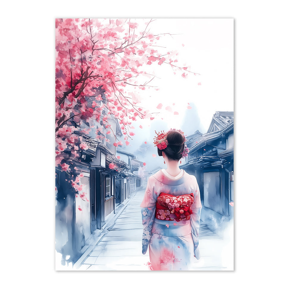 Woman in a kimono walking under cherry blossom trees in a traditional Japanese setting