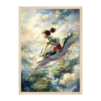 Image Spirited Away-inspired wall art print featuring a abstract sky scene with Chihiro and Haku in a light wood frame.