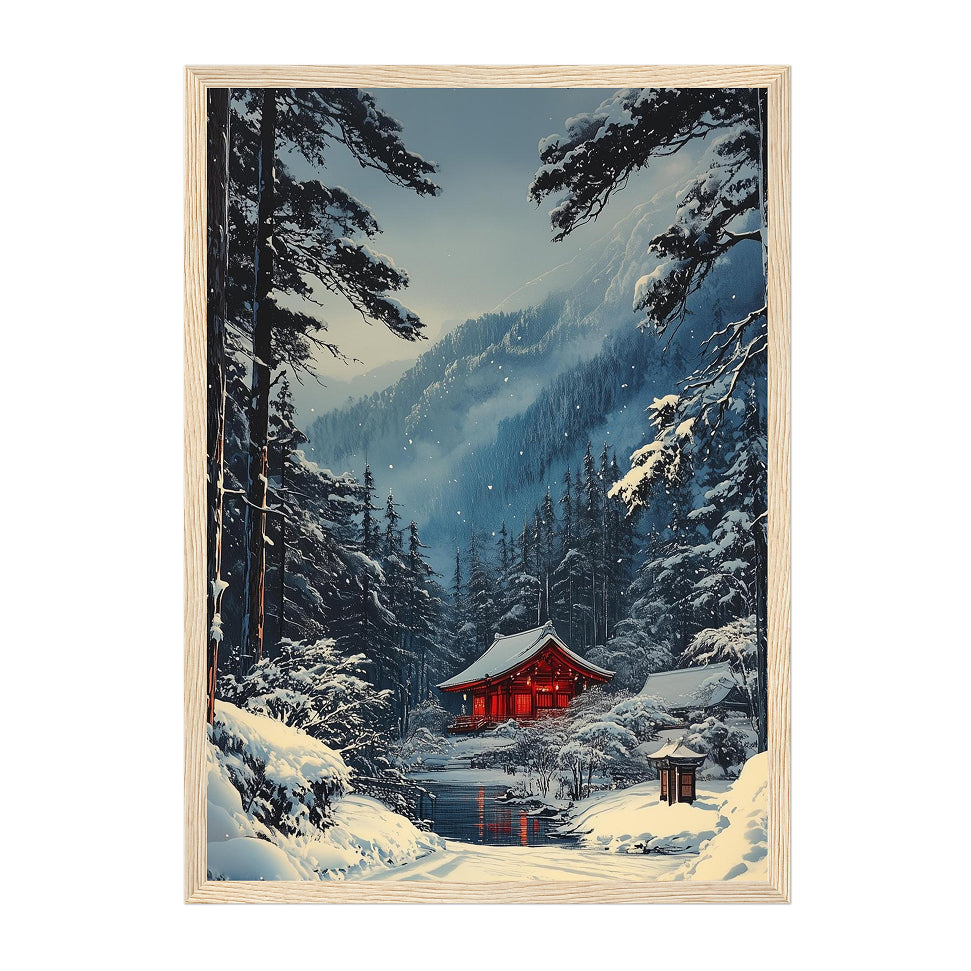 Japanese Winter Shinto Shrine Art Print: Snowy Forest Scene