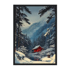 Japanese Winter Shinto Shrine Art Print: Snowy Forest Scene