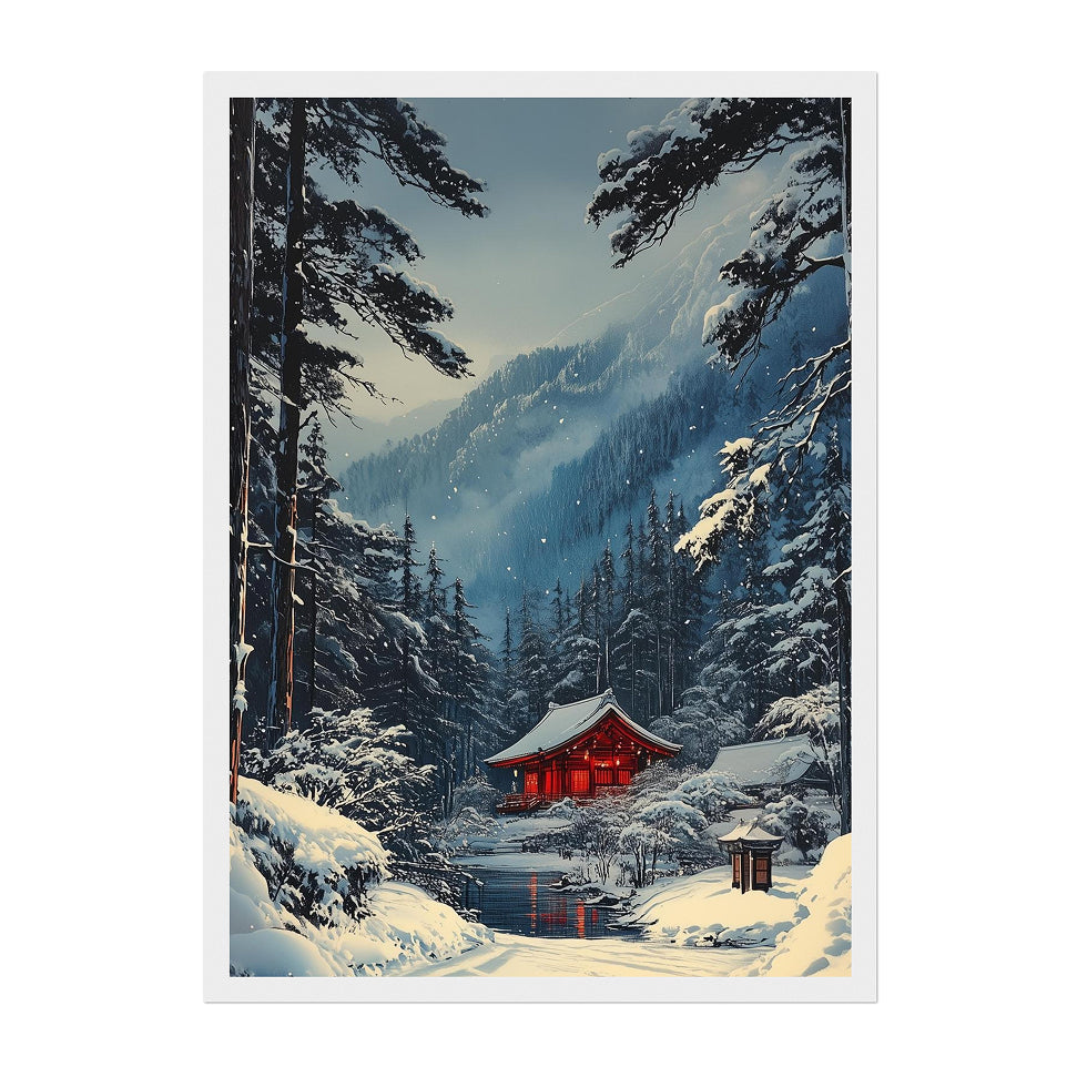 Japanese Winter Shinto Shrine Art Print: Snowy Forest Scene