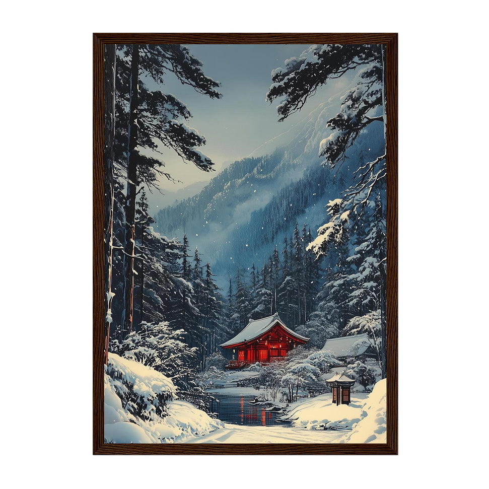 Japanese Winter Shinto Shrine Art Print: Snowy Forest Scene