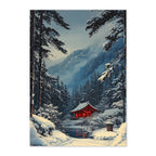 Snowy landscape with a red building in the forest