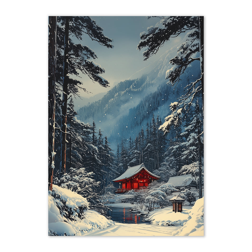 Snowy landscape with a red building in the forest
