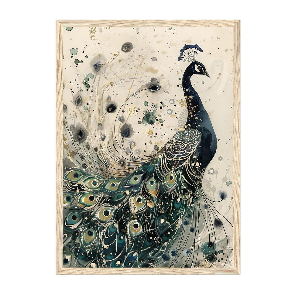 Art Nouveau Peacock Art Print: Emerald Teal Gold Botanical Wall Decor