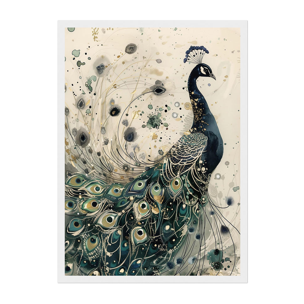 Art Nouveau Peacock Art Print: Emerald Teal Gold Botanical Wall Decor