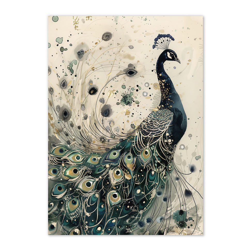 Artistic depiction of a peacock with intricate feather details on a beige background
