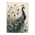 Artistic depiction of a peacock with intricate feather details on a beige background