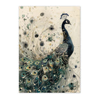 Artistic depiction of a peacock with intricate feather details on a beige background