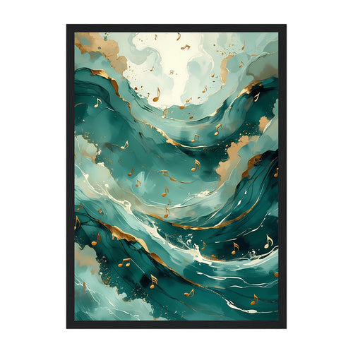 Abstract Ocean Symphony Art Print: Teal Waves and Gold Musical Notes