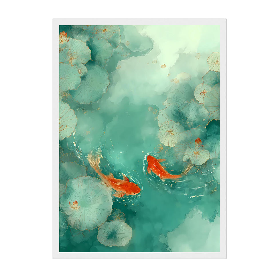 Art print of two goldfish swimming among lotus flowers on a teal background