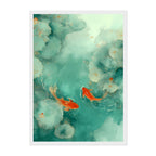 Art print of two goldfish swimming among lotus flowers on a teal background
