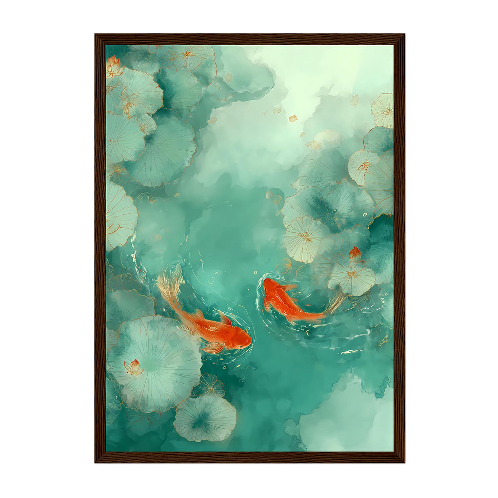 Framed artwork of koi fish and lotus flowers on a teal background