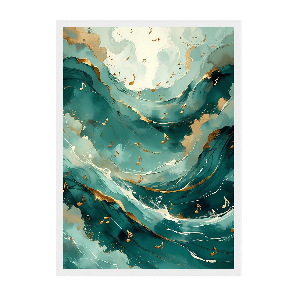 Abstract Ocean Symphony Art Print: Teal Waves and Gold Musical Notes