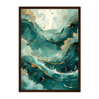 Abstract Ocean Symphony Art Print: Teal Waves and Gold Musical Notes