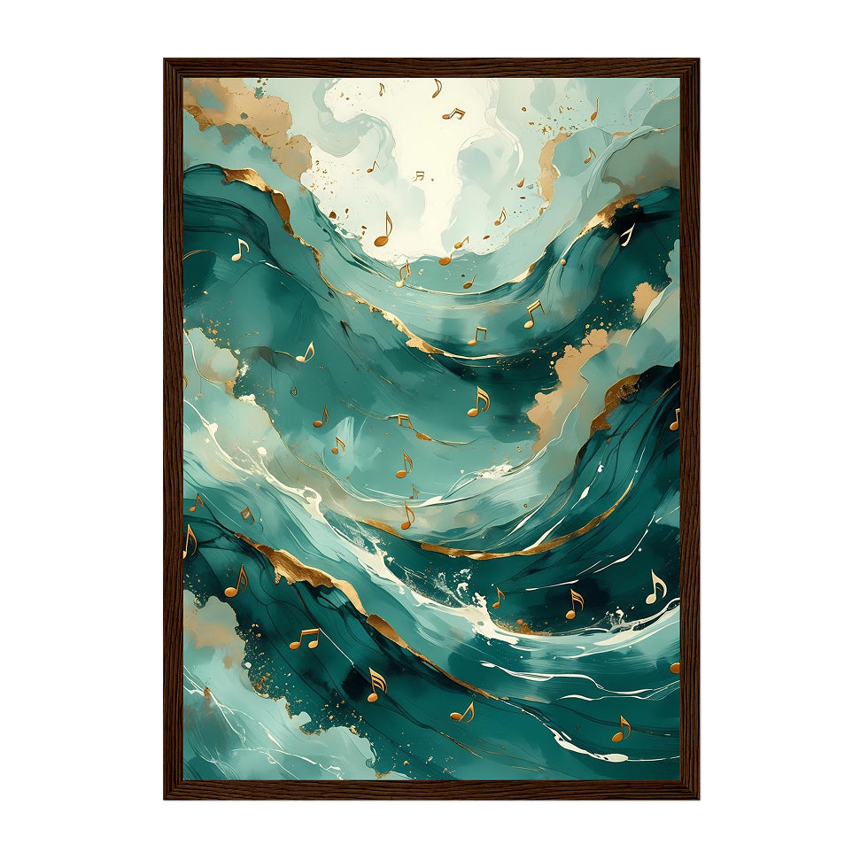 Abstract Ocean Symphony Art Print: Teal Waves and Gold Musical Notes