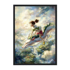 Image Spirited Away-inspired wall art print featuring a abstract sky scene with Chihiro and Haku in a black wood frame.