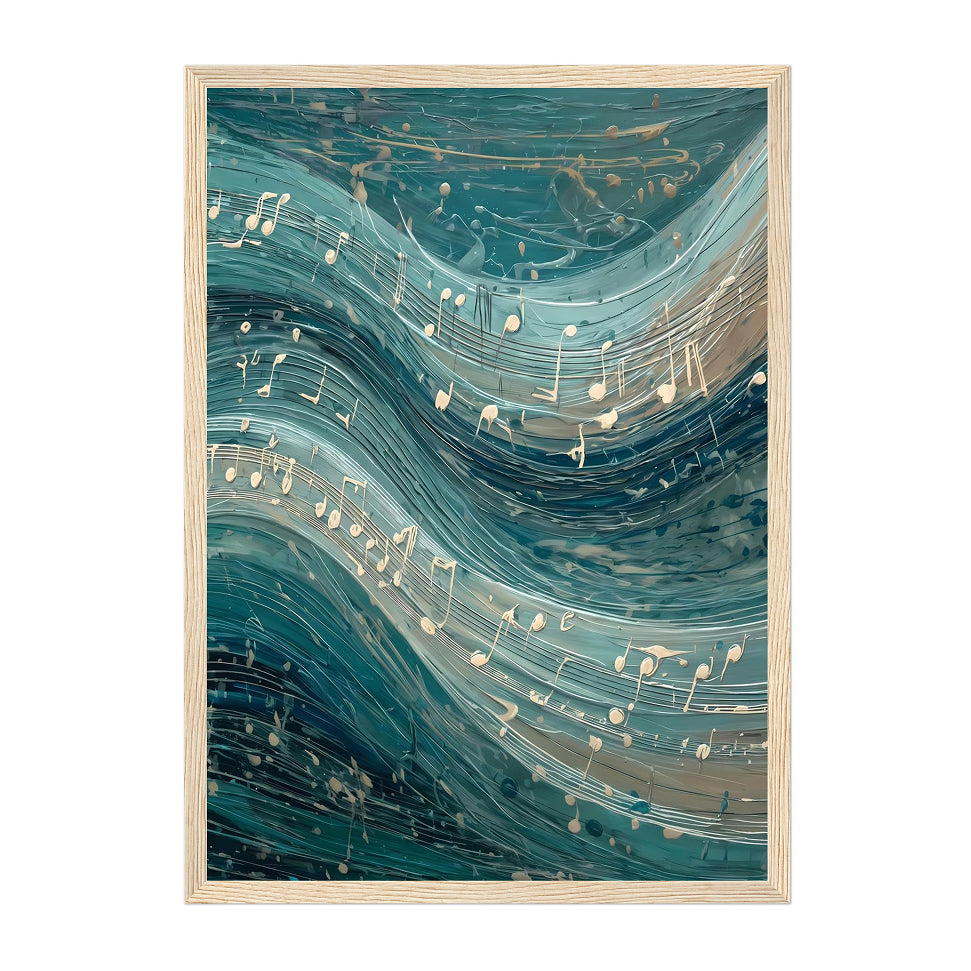 Abstract Musical Wave Art Print: Teal Flowing Notes Ocean Rhythm Scene