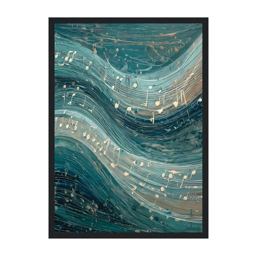 Abstract Musical Wave Art Print: Teal Flowing Notes Ocean Rhythm Scene