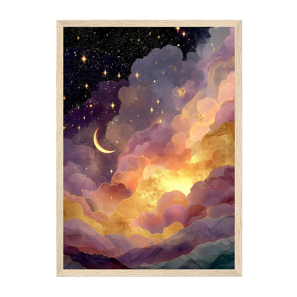 Celestial Art Print: Gold Starry Night, Crescent Moon