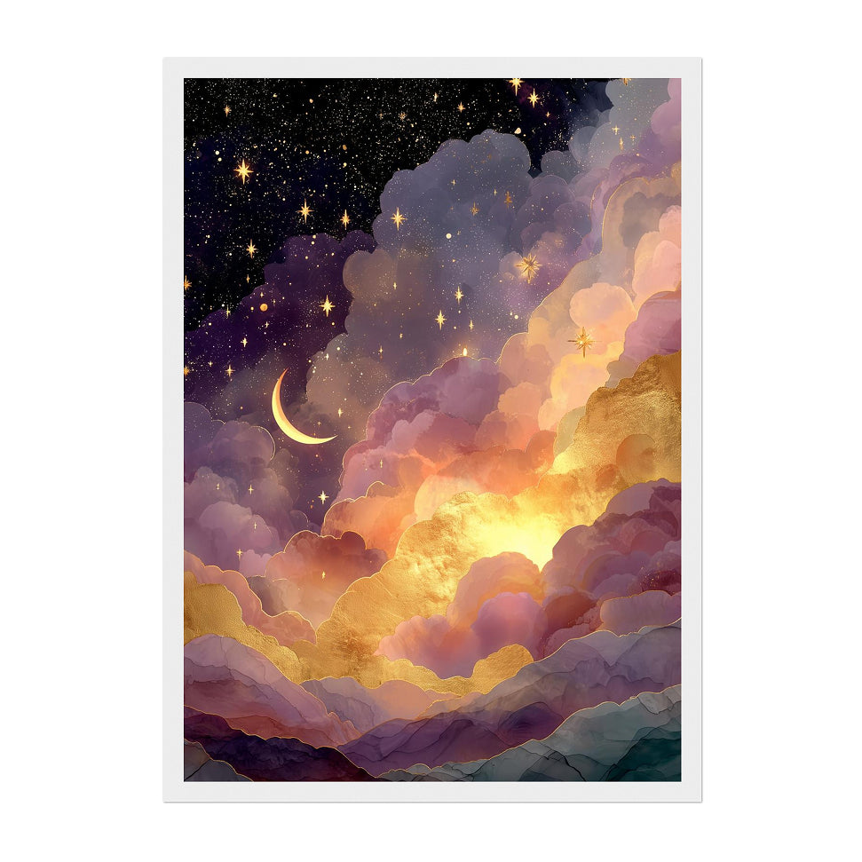 Celestial Art Print: Gold Starry Night, Crescent Moon