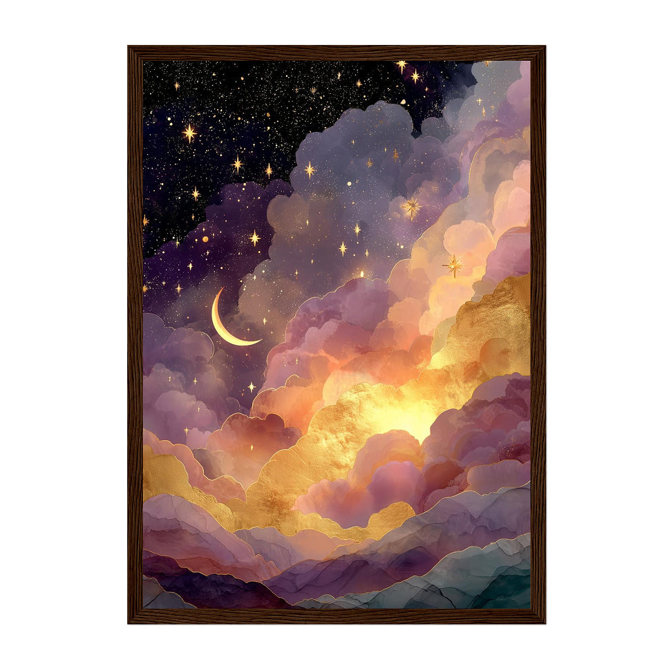 Celestial Art Print: Gold Starry Night, Crescent Moon