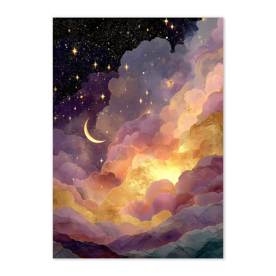 Stylized night sky with clouds, stars, and a crescent moon.