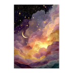 Stylized night sky with clouds, stars, and a crescent moon.